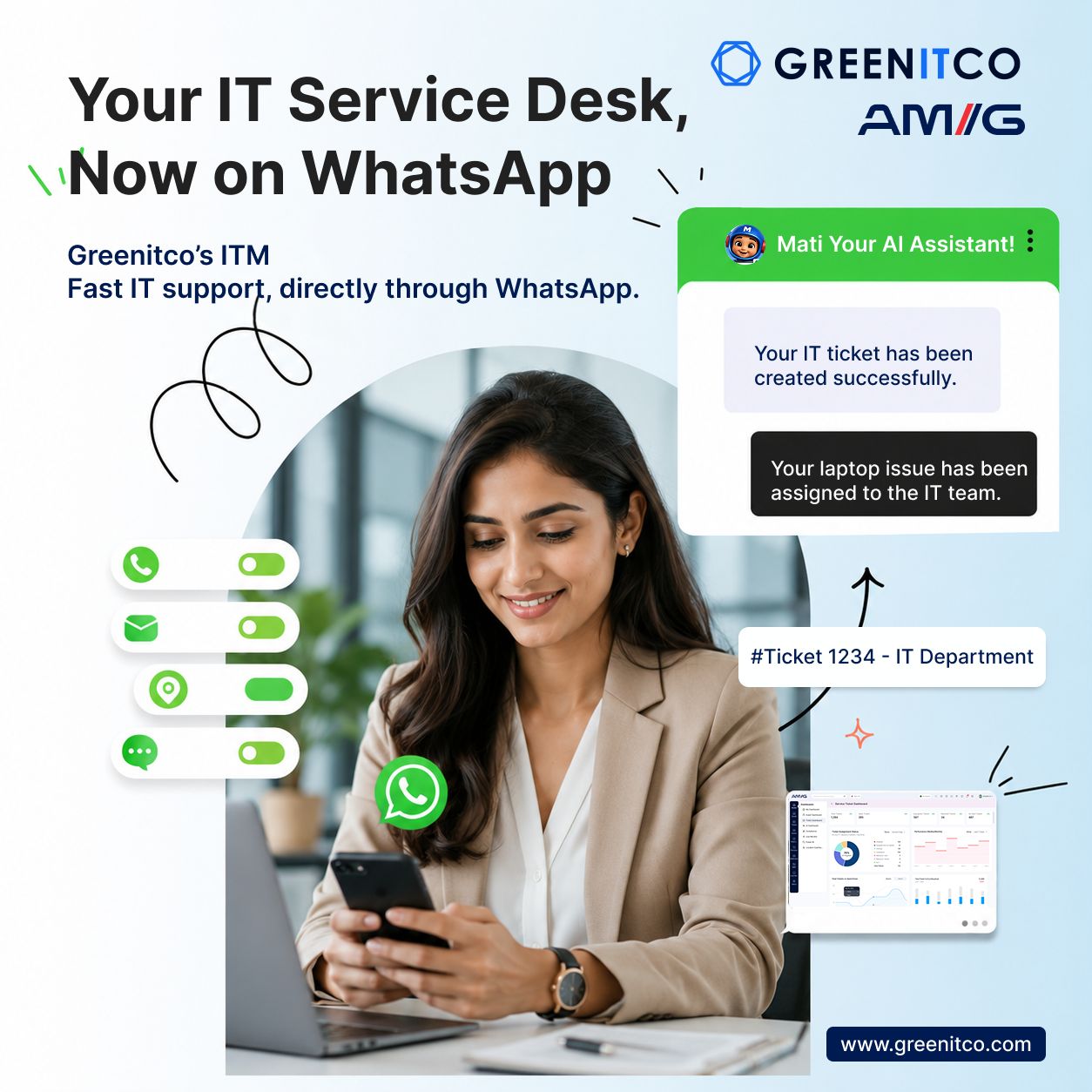 it-asset-management-whatsapp-integration Dashboard preview of the IT asset management WhatsApp integration on itassetmanagement.in showing an automated ticket timeline.