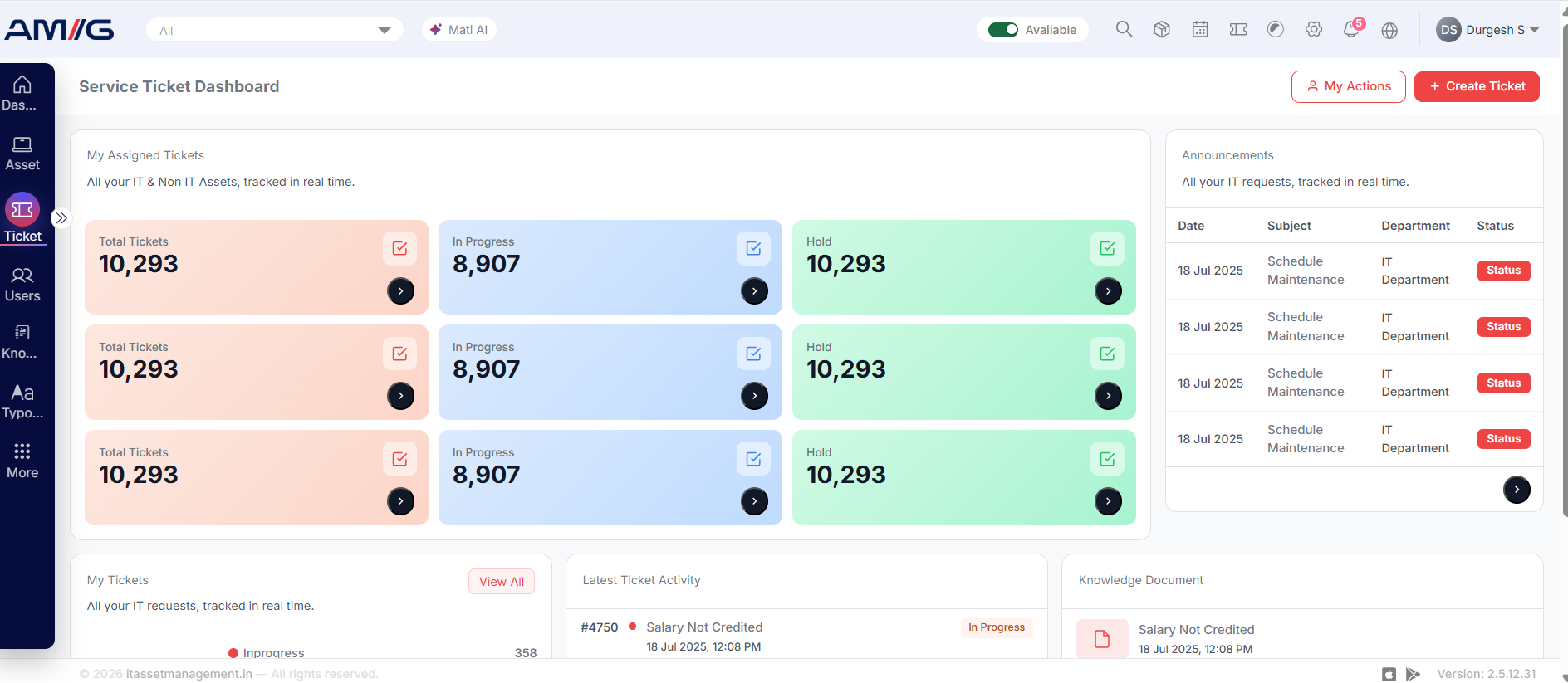 IT helpdesk ticketing system dashboard showing open tickets, SLA status, and asset assignments for an Indian enterprise