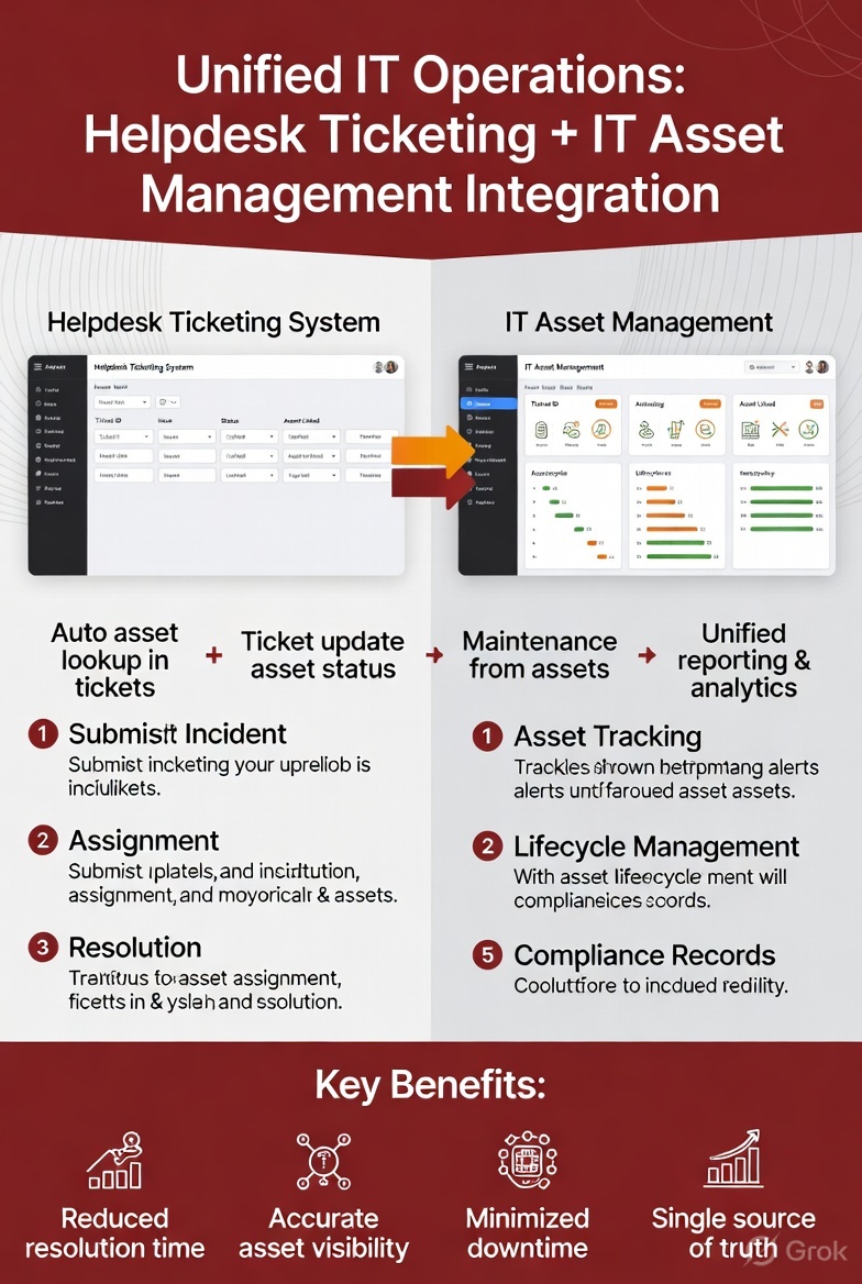 Infographic showing how helpdesk ticketing system integrates with IT asset management for unified IT operations