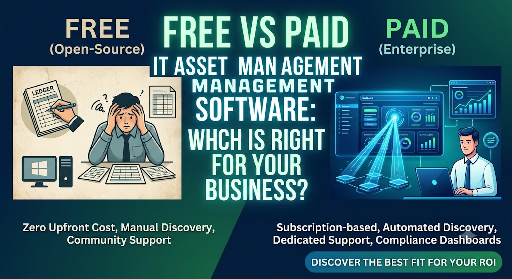 Comparison graphic of free open-source ITAM tools with manual tracking versus paid enterprise IT asset management software with automated compliance dashboards.