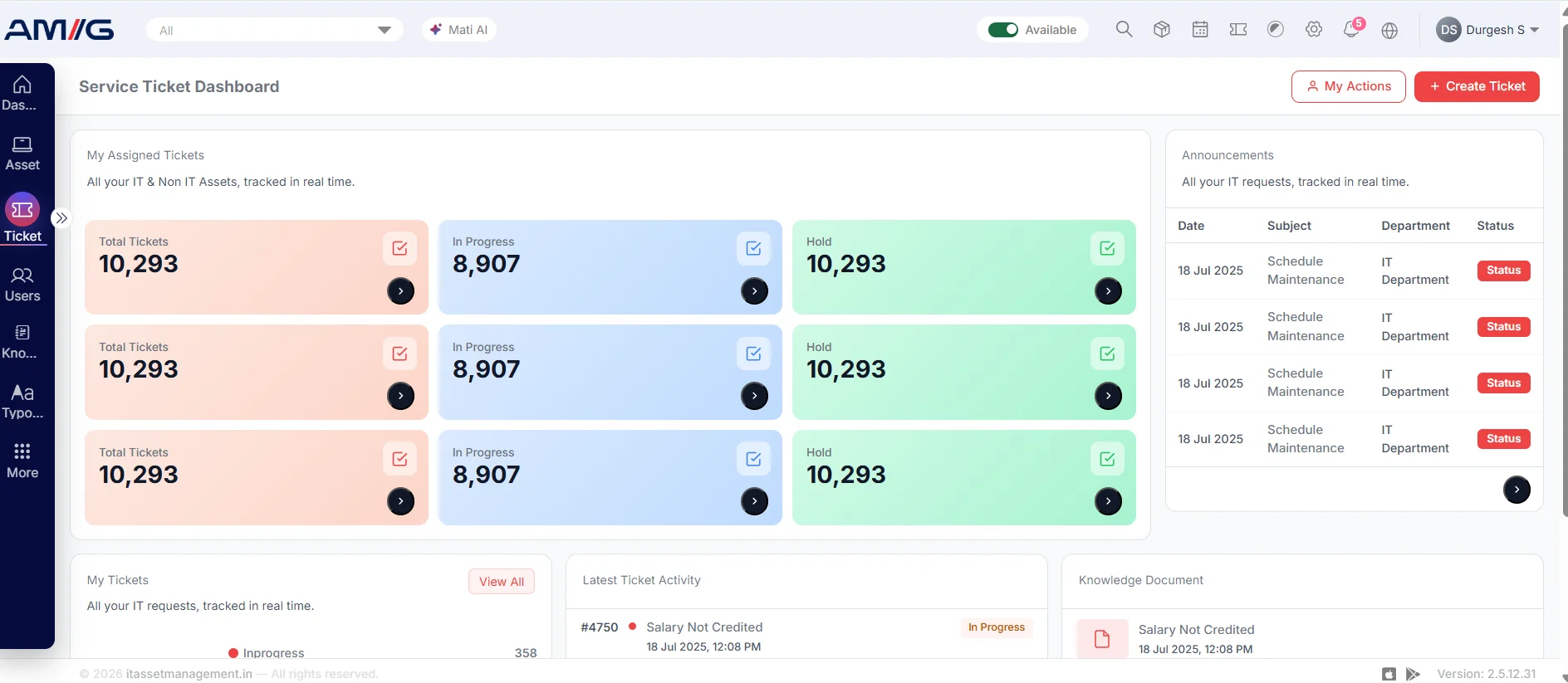 IT helpdesk ticketing system dashboard showing open tickets, SLA status, and asset assignments for an Indian enterprise